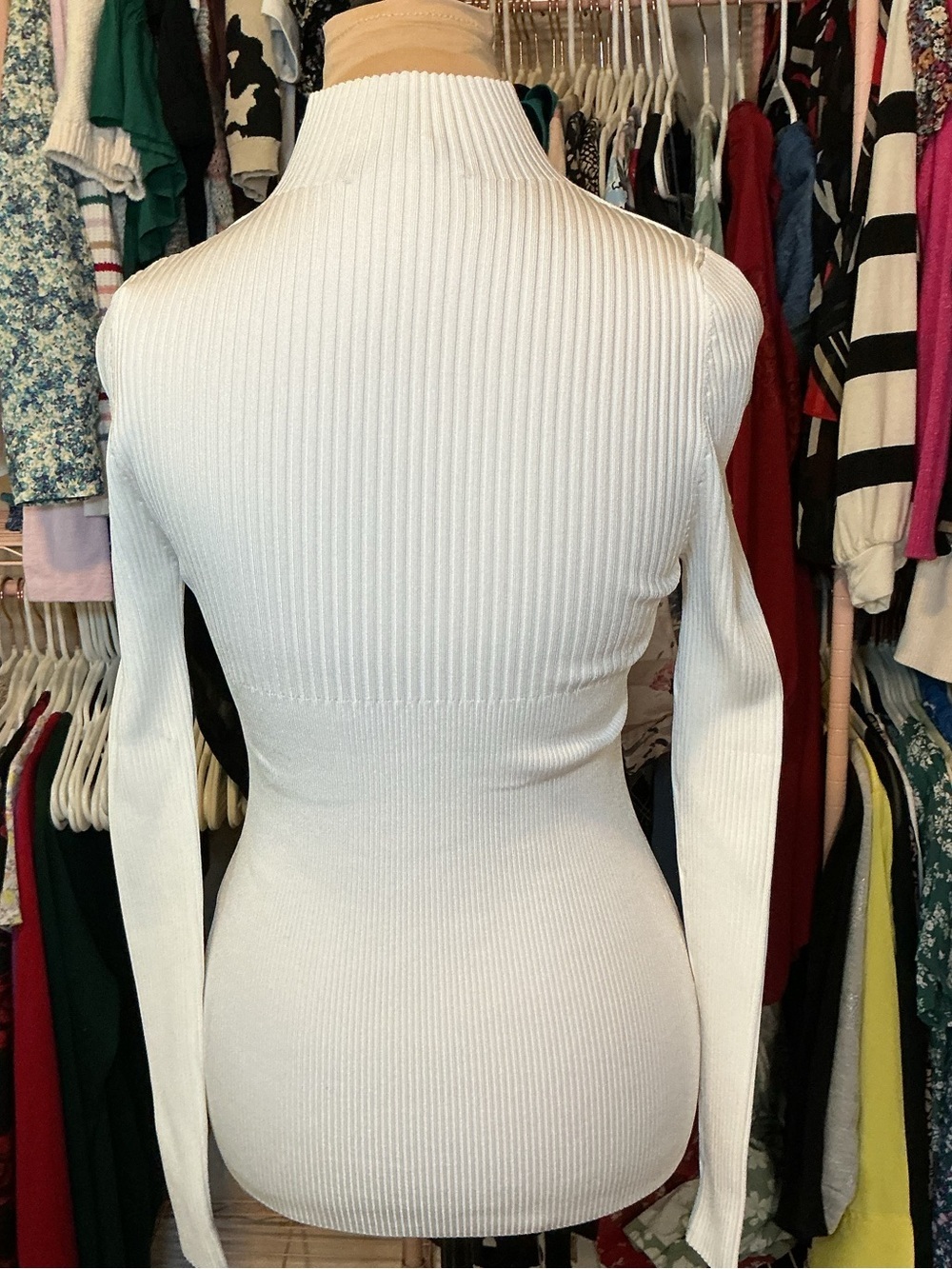 Cream Ribbed Cutout Mock Neck Sweater - Picture 4 of 9